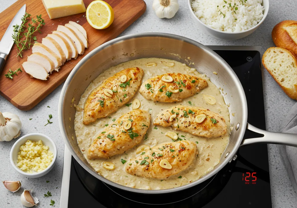 creamy garlic chicken, easy weeknight dinner, quick chicken recipe, garlic chicken with sauce, creamy chicken and rice, healthy dinner ideas