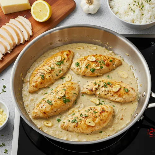 creamy garlic chicken, easy weeknight dinner, quick chicken recipe, garlic chicken with sauce, creamy chicken and rice, healthy dinner ideas