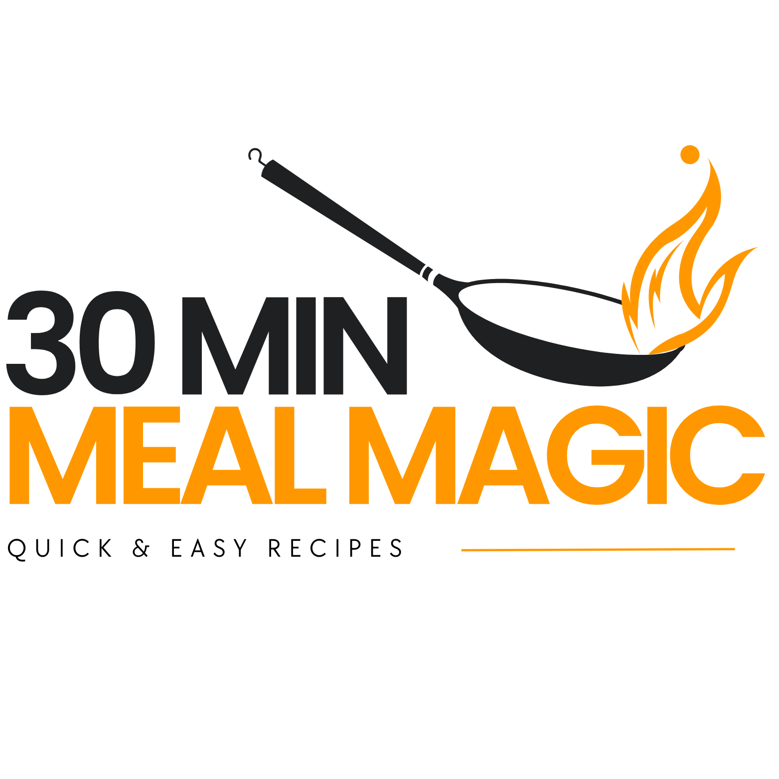 30 Min Meal Magic logo featuring a black skillet with a stylized orange flame, bold text highlighting 'Meal Magic' in orange and '30 Min' in black, with the tagline 'Quick & Easy Recipes' underneath.