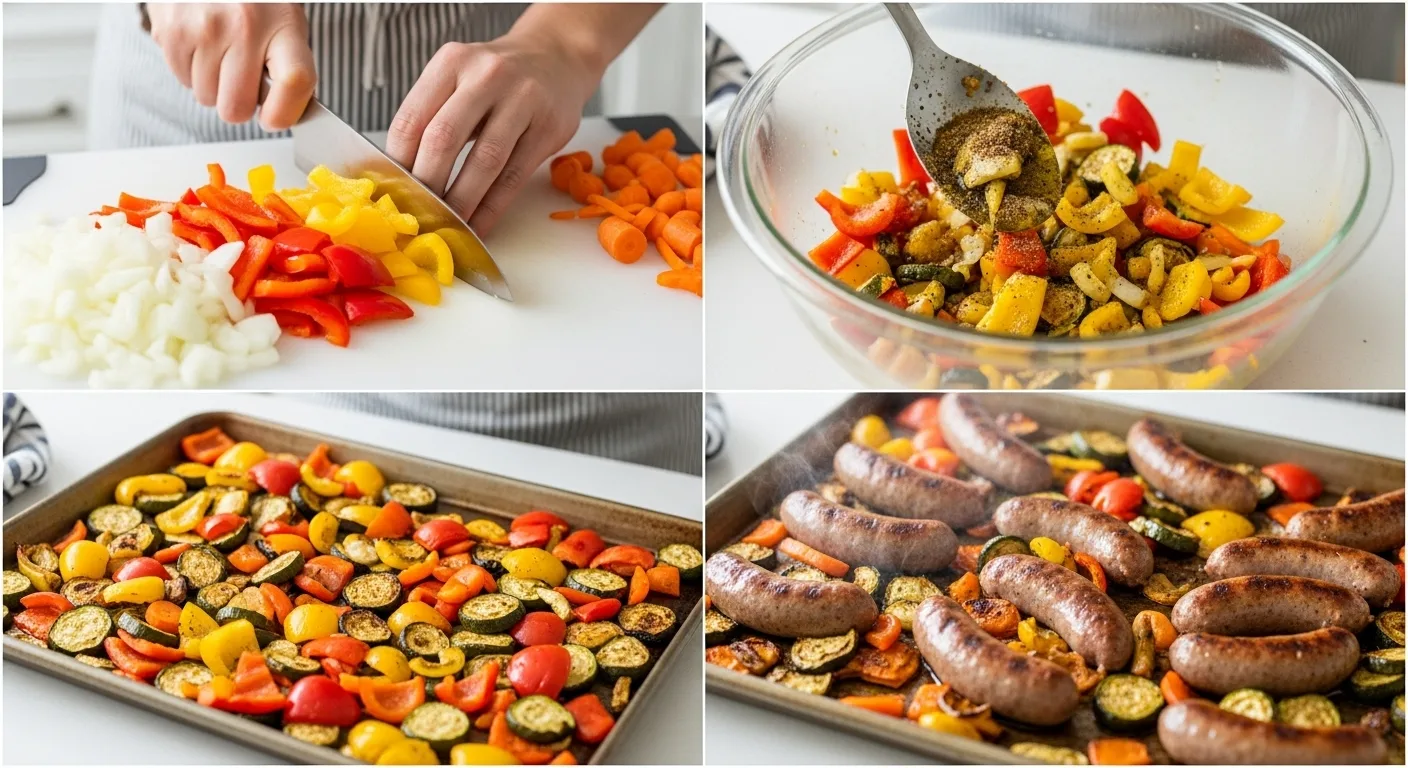 How To Make The Best Chicken Sausage Sheet Pan In 45 Minutes 3 Step-by-step process: chopping vegetables, seasoning, arranging on a sheet pan, and roasting chicken sausages.