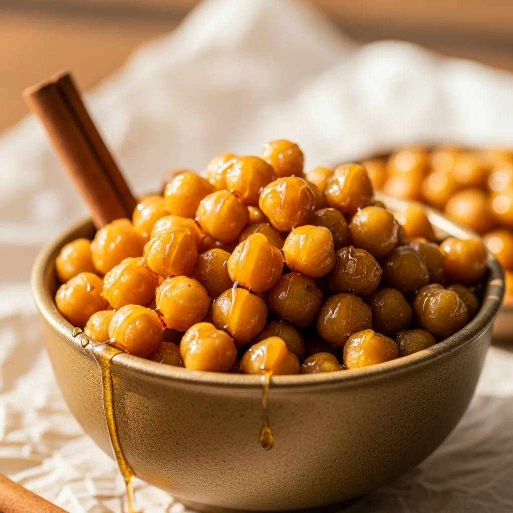 Golden honey roasted chickpeas in a bowl with honey drizzle and cinnamon stick on parchment paper.