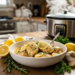 Slow cooker creamy lemon herb chicken served with fresh herbs and lemons on a rustic table