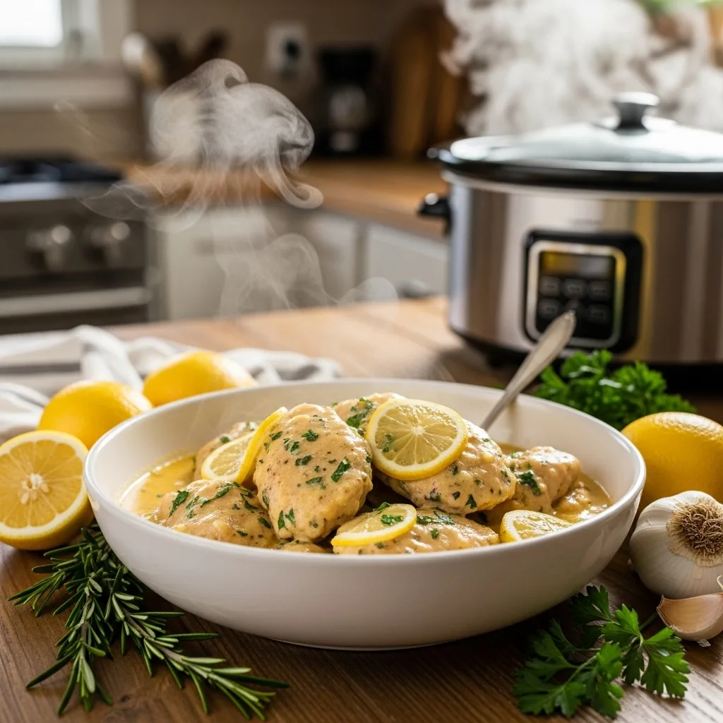 Slow cooker creamy lemon herb chicken served with fresh herbs and lemons on a rustic table