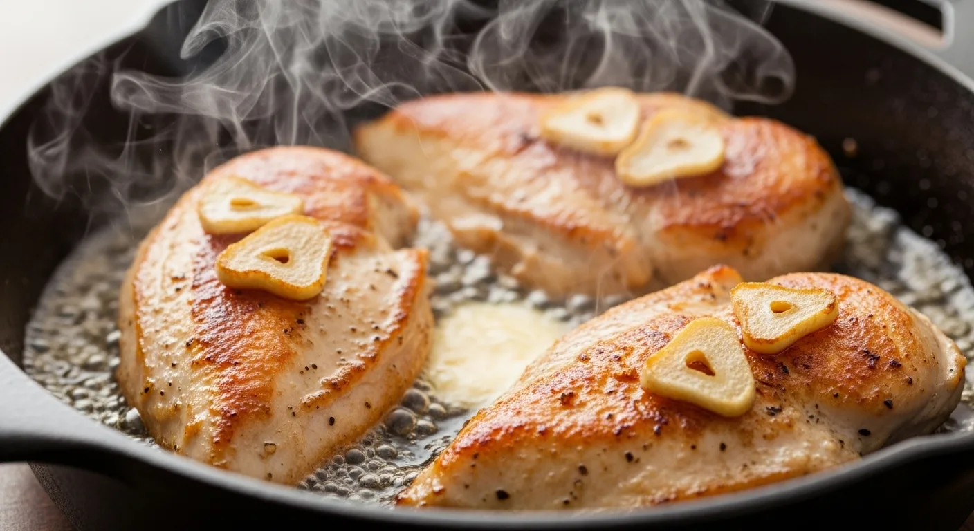 The Ultimate Slow Cooker Creamy Lemon Herb Chicken That'll Make Your House Smell Like Heaven 3 Chicken breasts searing in a skillet with butter and garlic for easy crockpot dinner prep