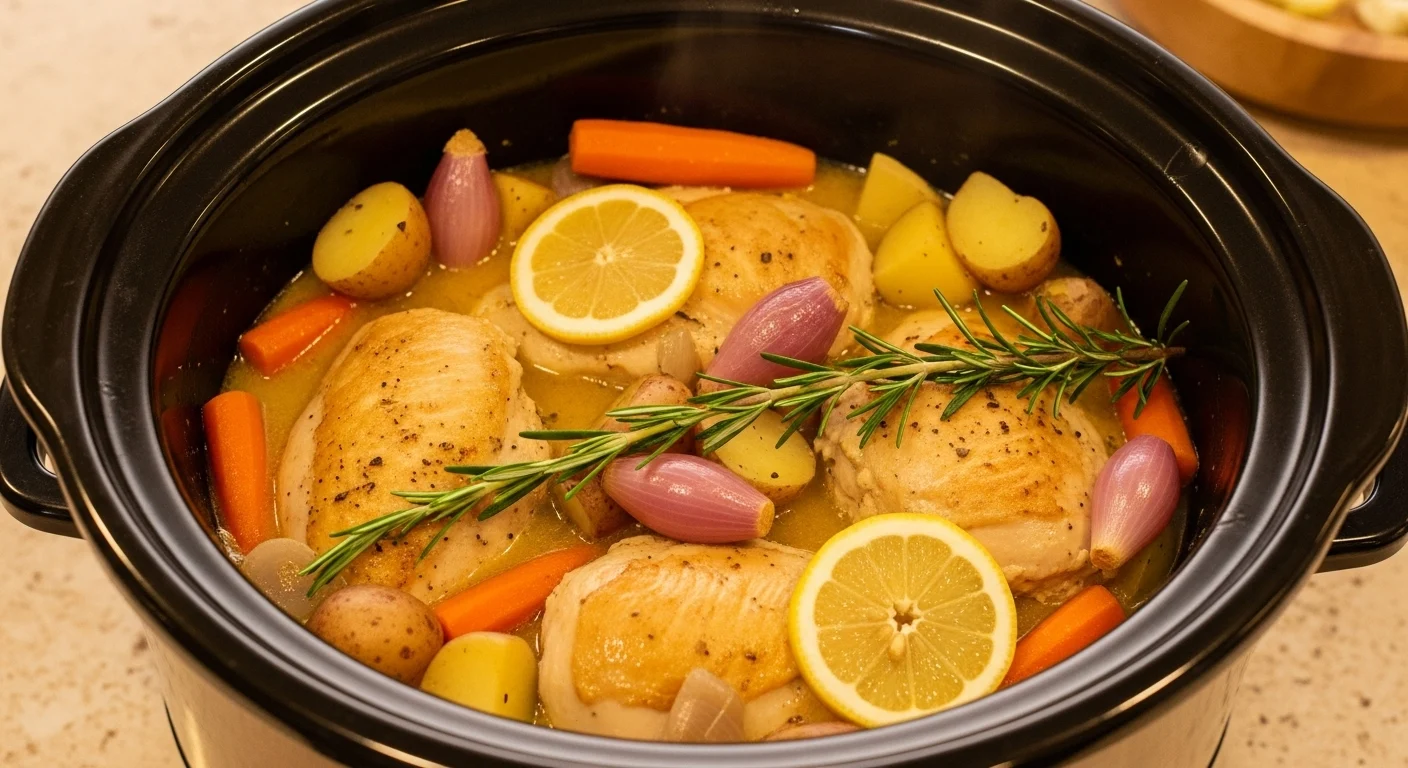 The Ultimate Slow Cooker Creamy Lemon Herb Chicken That'll Make Your House Smell Like Heaven 4 Slow cooker chicken breasts simmering with carrots and creamy lemon sauce for family-friendly dinner