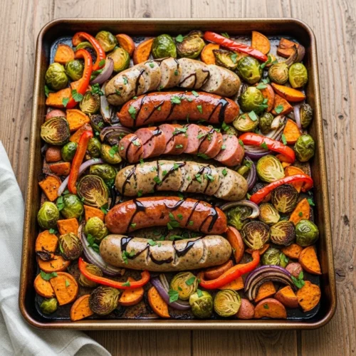 A vibrant sheet pan dinner featuring roasted sweet potatoes, Brussels sprouts, red bell peppers, caramelized onions, and sliced chicken sausages, drizzled with balsamic glaze and fresh herbs.