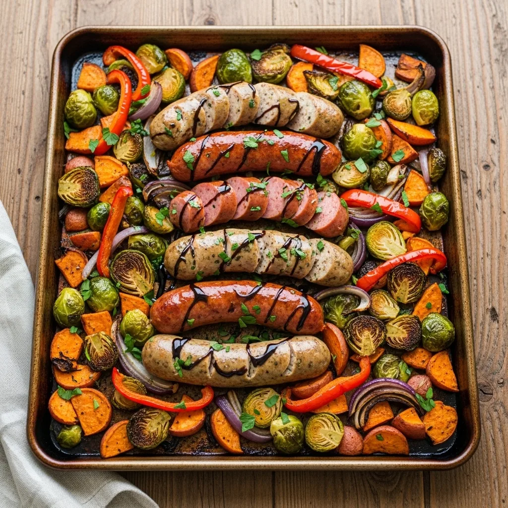 A vibrant sheet pan dinner featuring roasted sweet potatoes, Brussels sprouts, red bell peppers, caramelized onions, and sliced chicken sausages, drizzled with balsamic glaze and fresh herbs.
