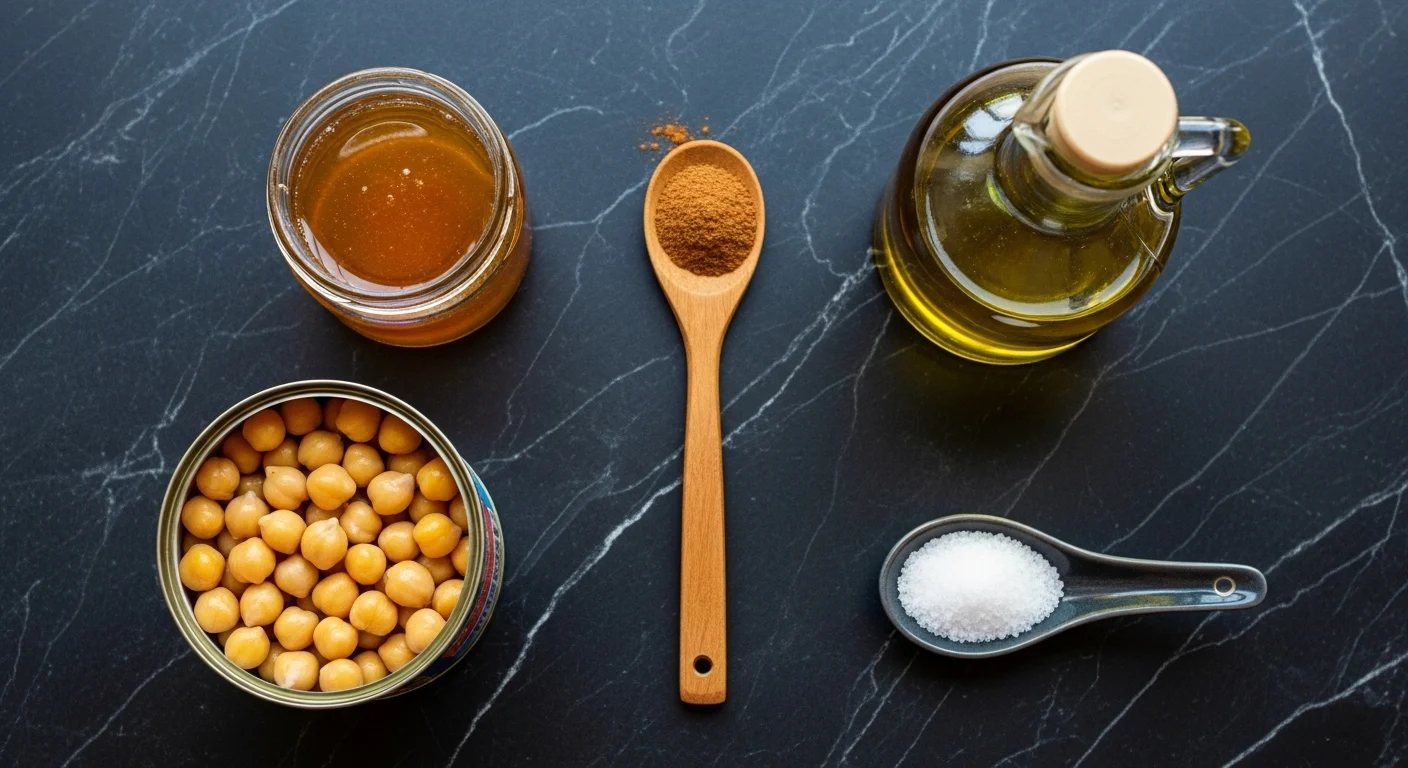 How To Make Honey Roasted Chickpeas: Your New Obsession For Crispy, Sweet & Salty Snacking (Oven & Air Fryer Magic) 2 Fresh ingredients for honey-roasted chickpeas: chickpeas, honey, cinnamon, oil, and salt on a wooden table.