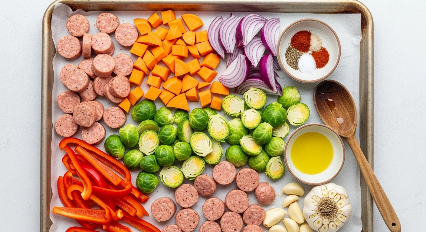 How To Make The Best Chicken Sausage Sheet Pan In 45 Minutes 2 Prepped ingredients for a sheet pan dinner: sliced chicken sausages, sweet potatoes, Brussels sprouts, red peppers, onions, garlic, spices, and olive oil arranged on a baking sheet.