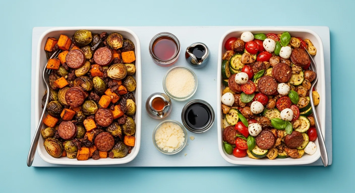 How To Make The Best Chicken Sausage Sheet Pan In 45 Minutes 4 Customization ideas: classic sheet pan dinner vs. zucchini-tomato variation, with optional toppings like balsamic glaze, maple syrup, and Parmesan cheese.