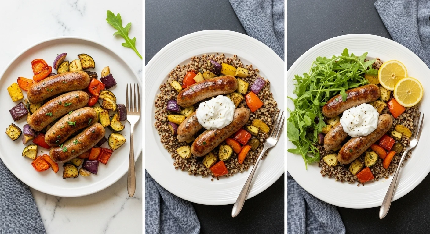 How To Make The Best Chicken Sausage Sheet Pan In 45 Minutes 5 Three serving styles: plain Chicken Sausage Sheet Pan, served over quinoa with Greek yogurt, and topped with arugula and lemon wedges