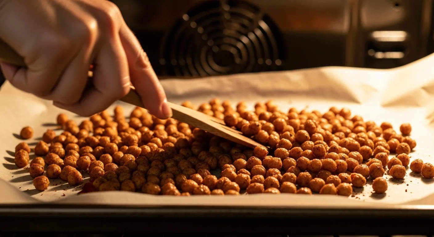 How To Make Honey Roasted Chickpeas: Your New Obsession For Crispy, Sweet & Salty Snacking (Oven & Air Fryer Magic) 3 Chickpeas roasting in the oven on parchment paper, being stirred for even crispiness.