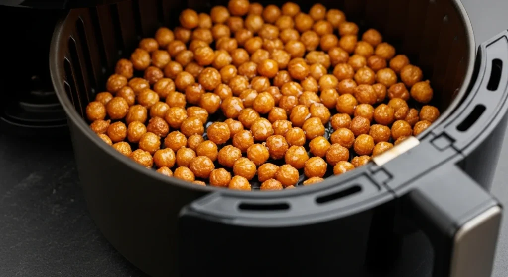 How To Make Honey Roasted Chickpeas: Your New Obsession For Crispy, Sweet & Salty Snacking (Oven & Air Fryer Magic) 4 Honey-glazed chickpeas in an air fryer basket for a quick, crispy snack.
