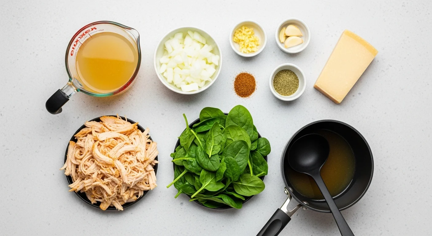 How To Make Chicken Florentine Soup In 3 Simple Steps 2 Ingredients for creamy chicken Florentine soup: shredded chicken, spinach, onions, garlic, broth, cream, Parmesan rind, and Italian seasoning.