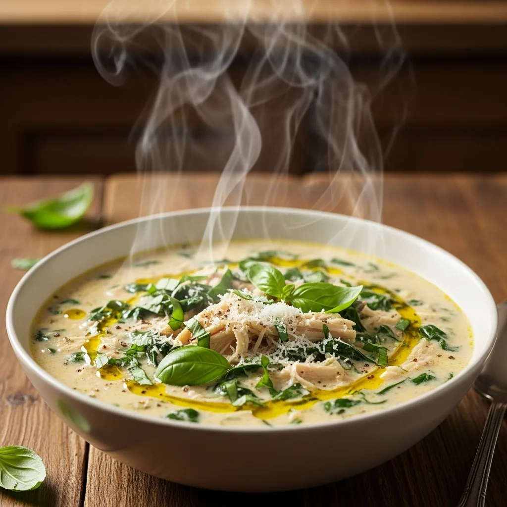 Steaming bowl of creamy chicken Florentine soup topped with basil, Parmesan, and olive oil.