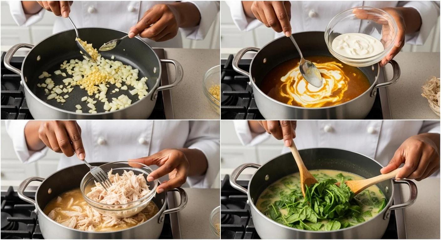 How To Make Chicken Florentine Soup In 3 Simple Steps 3 Step-by-step process: sautéing aromatics, adding broth and cream, shredding chicken, and stirring spinach.