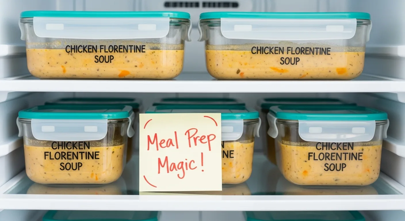How To Make Chicken Florentine Soup In 3 Simple Steps 7 Labeled glass containers of creamy chicken Florentine soup for fridge storage.