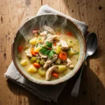 A warm bowl of creamy chicken and potato soup garnished with parsley, served in a rustic ceramic bowl on a wooden table.