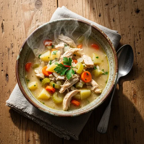 A warm bowl of creamy chicken and potato soup garnished with parsley, served in a rustic ceramic bowl on a wooden table.