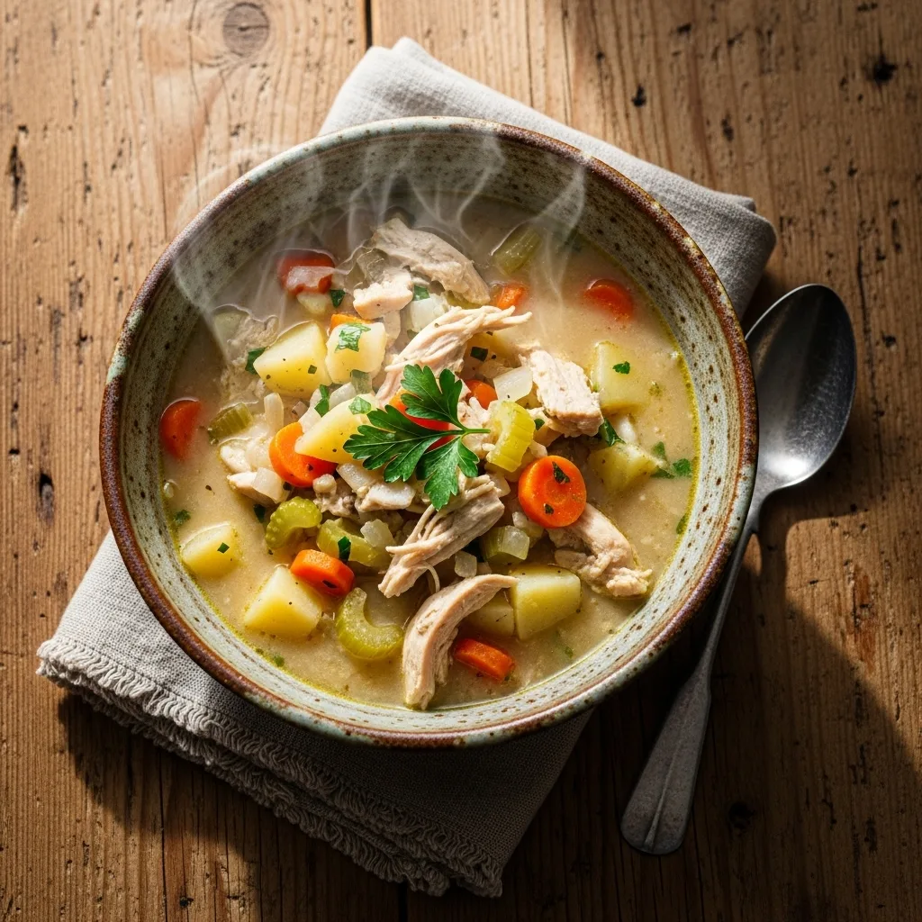 A warm bowl of creamy chicken and potato soup garnished with parsley, served in a rustic ceramic bowl on a wooden table.