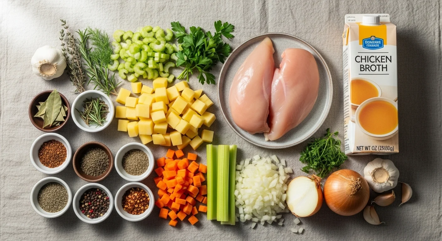Chicken and Potato Soup: 7 Ways to Make the Ultimate Comfort Bowl 3 Fresh ingredients for chicken and potato soup laid out on a linen background: chicken, potatoes, carrots, celery, onion, garlic, herbs, and chicken broth.