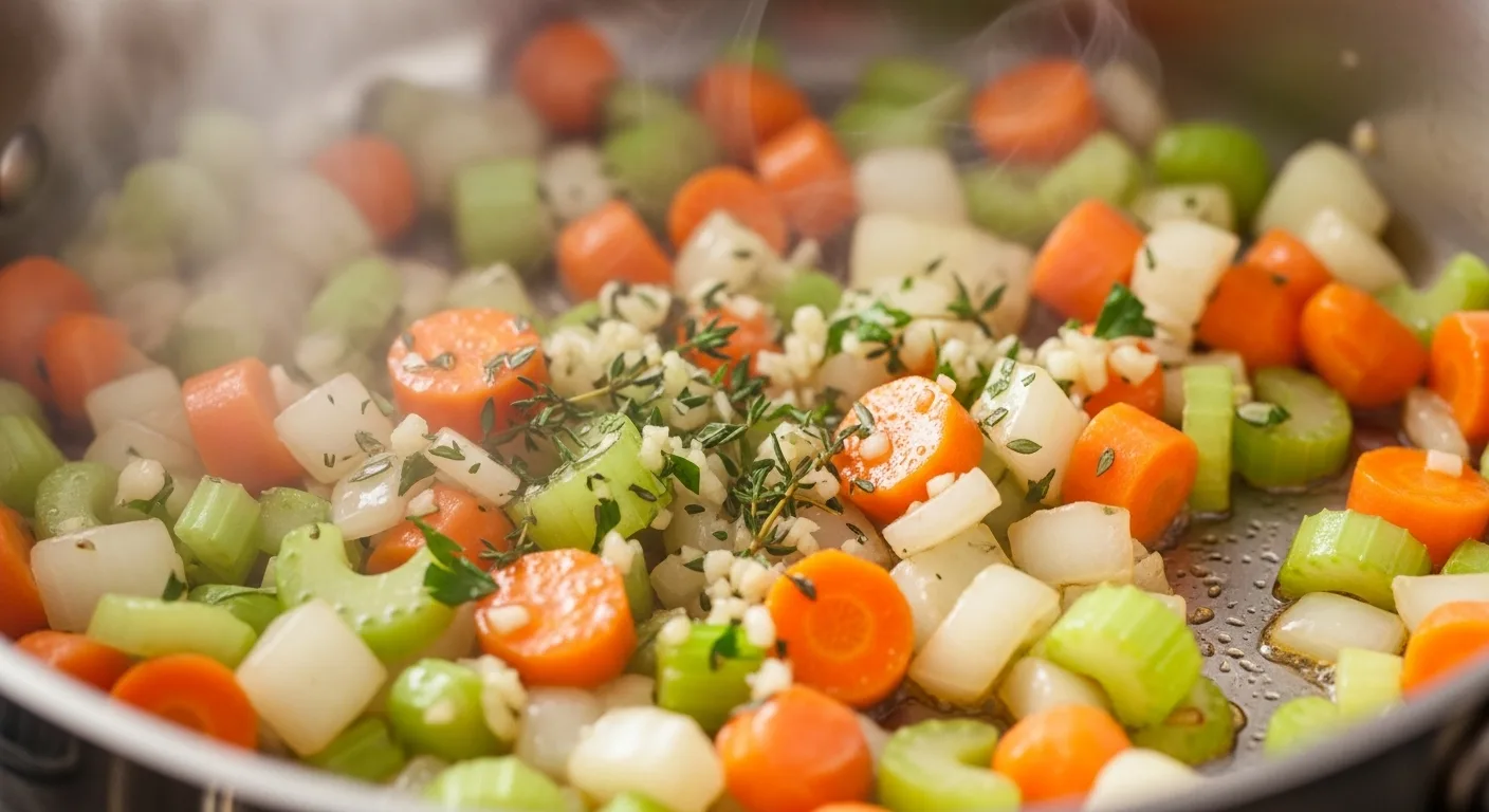 Chicken and Potato Soup: 7 Ways to Make the Ultimate Comfort Bowl 4 Sautéing onions, carrots, and celery in a pot with butter and garlic for the soup base.