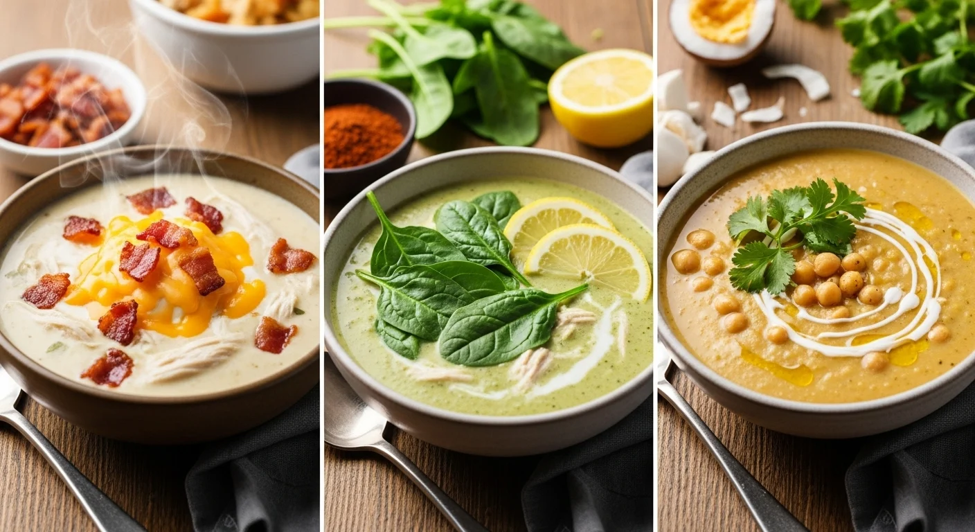 Chicken and Potato Soup: 7 Ways to Make the Ultimate Comfort Bowl 5 Variations of chicken and potato soup including vegan, spinach, and bacon-topped versions.