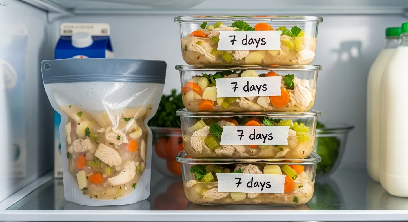 Chicken and Potato Soup: 7 Ways to Make the Ultimate Comfort Bowl 6 Glass meal prep containers filled with chicken and potato soup stacked in a refrigerator.