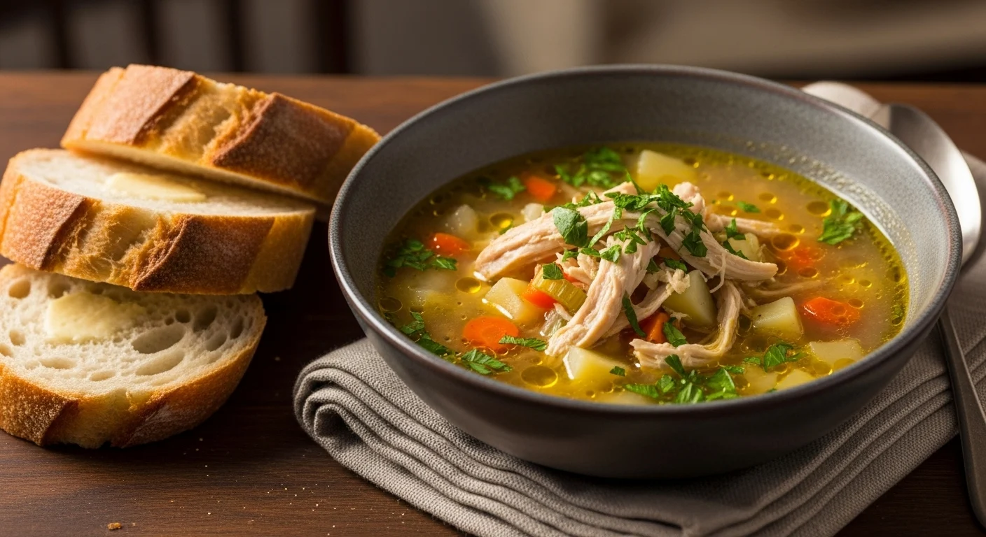 Chicken and Potato Soup: 7 Ways to Make the Ultimate Comfort Bowl 2 Bowl of finished chicken and potato soup served with parsley garnish and a slice of bread.