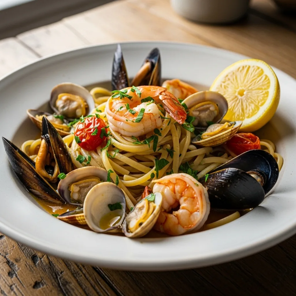 Seafood pasta with mussels, clams, shrimp, and garlic in a rich broth served in a white bowl on a rustic table.