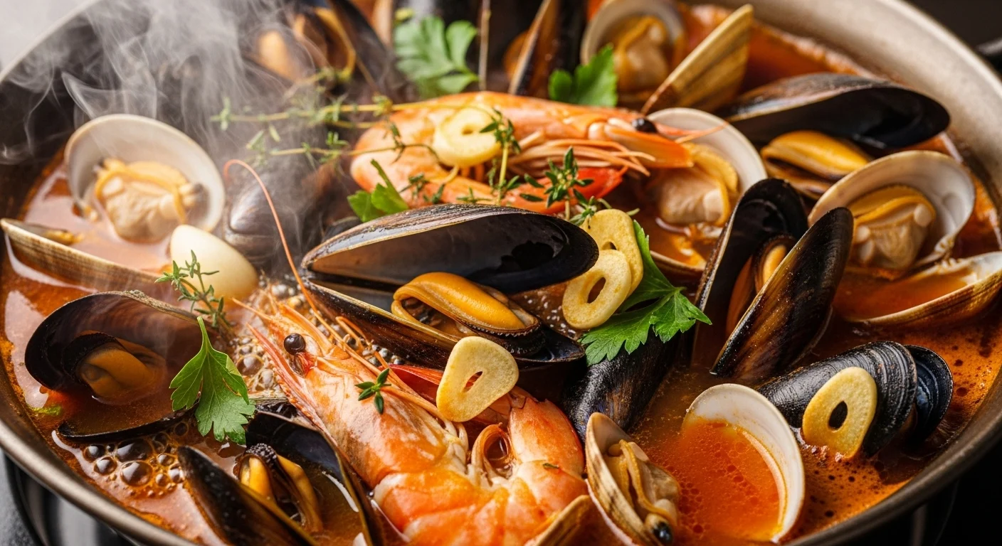 Seafood simmering in a flavorful broth with garlic and herbs, mussels beginning to open.