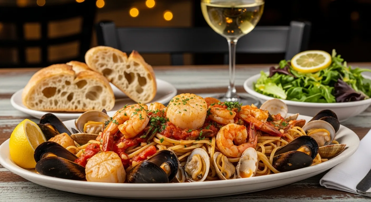 pasta with seafood broth served with crusty bread, a green salad, and white wine for a complete Mediterranean meal.