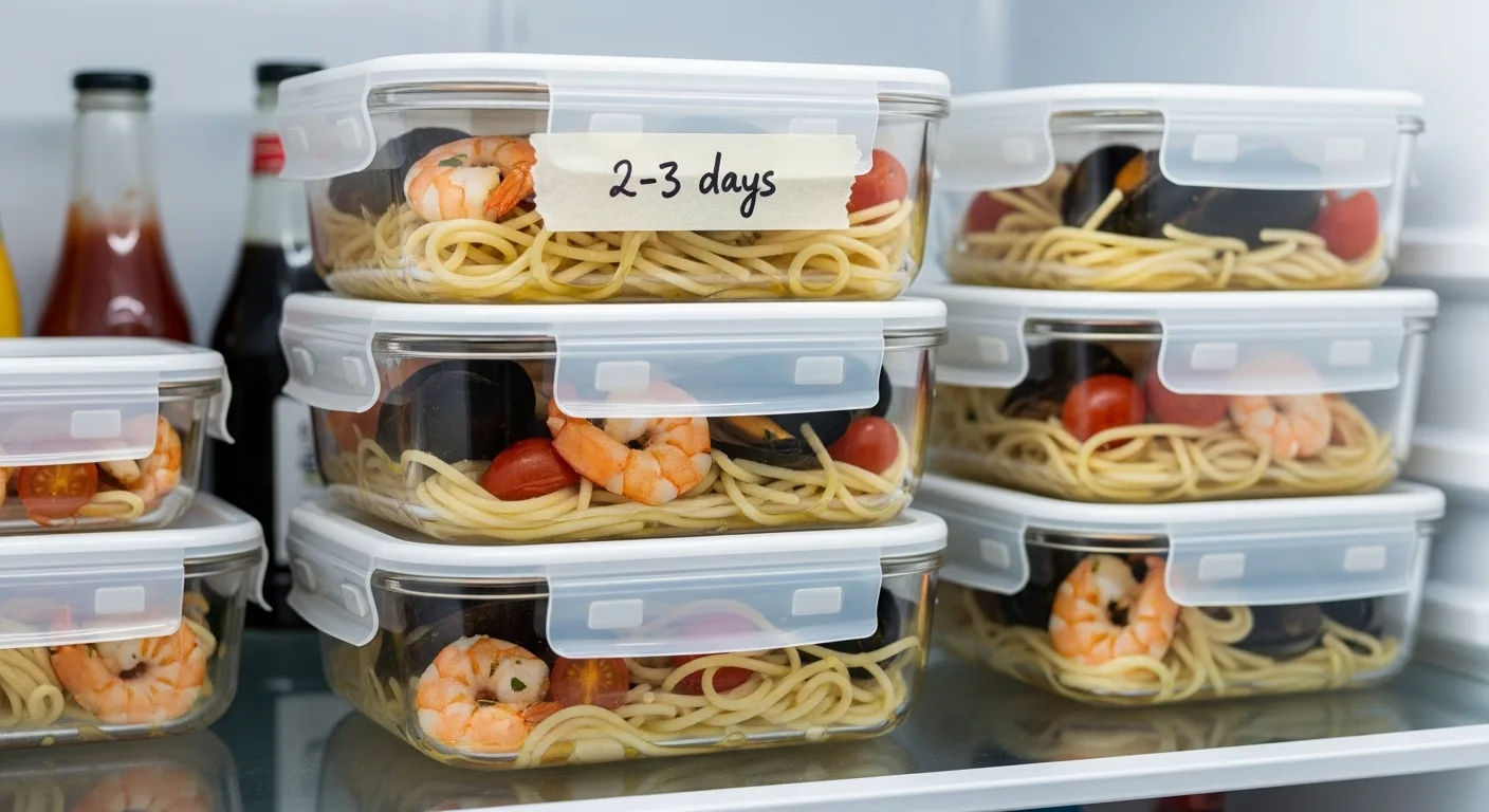 Leftover seafood pasta stored in glass containers in the refrigerator for easy meal prep.
