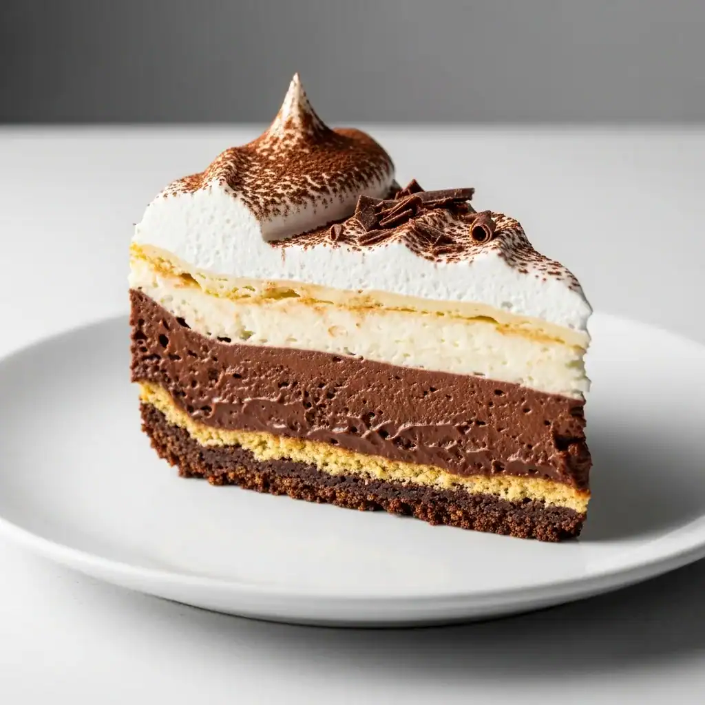 Slice of chocolate lasagna showing distinct layers: graham cracker crust, chocolate pudding, cream cheese, and whipped topping.