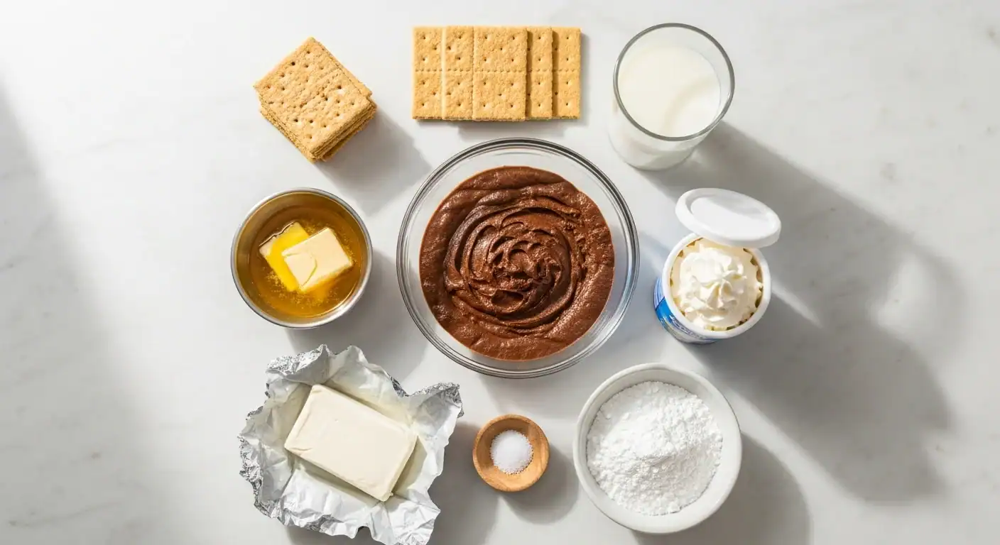 Ingredients for chocolate lasagna including graham crackers, chocolate pudding mix, cream cheese, and whipped topping laid out on a clean surface.