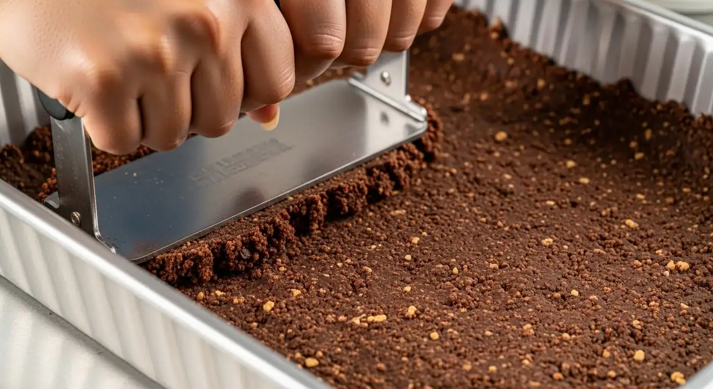 Pressing a graham cracker crust into a 9x13 pan using kitchen presser