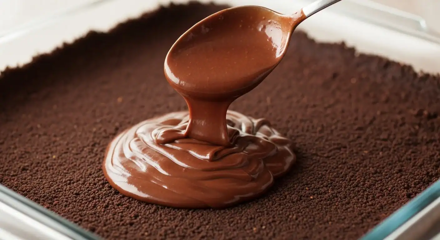 Pouring chocolate pudding over a graham cracker crust in a 9x13 pan.