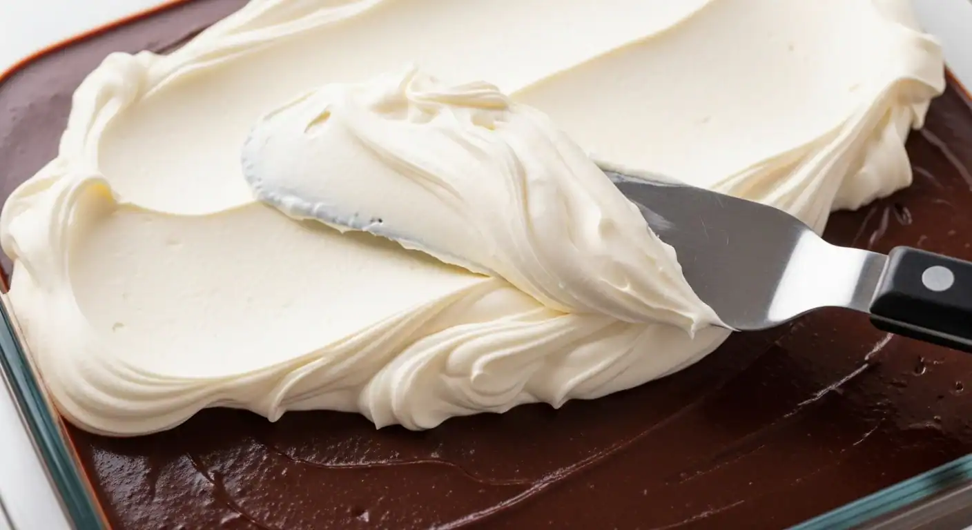 Spreading a light cream cheese layer over chocolate pudding in a chocolate lasagna dessert.