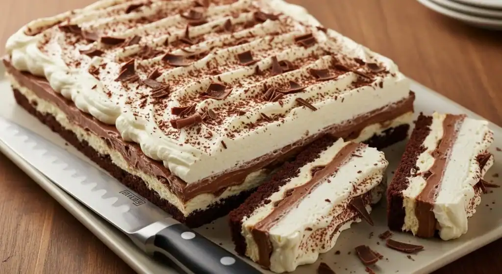 Finished chocolate lasagna recipe with whipped topping, cocoa powder, and sliced pieces on a serving platter