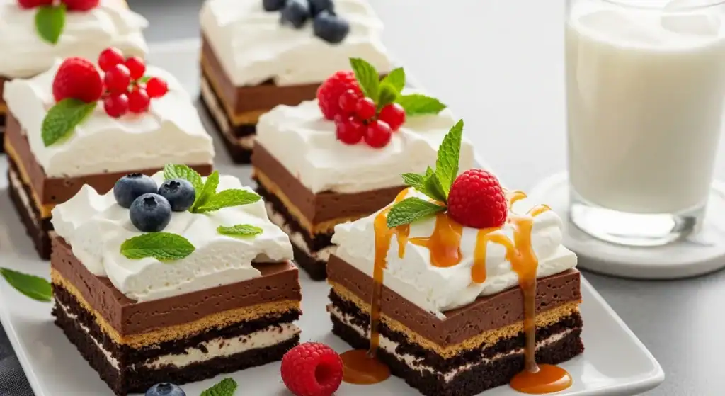 Chocolate lasagna served with berries, mint, and a glass of milk on a rustic serving platter.