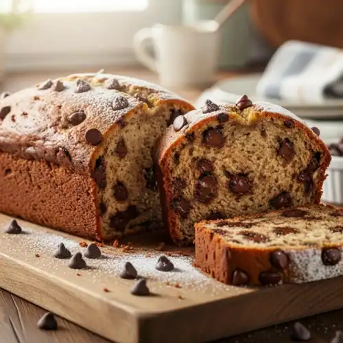 Freshly baked chocolate chip banana bread slice showing moist crumb and chocolate chips on a wooden board.