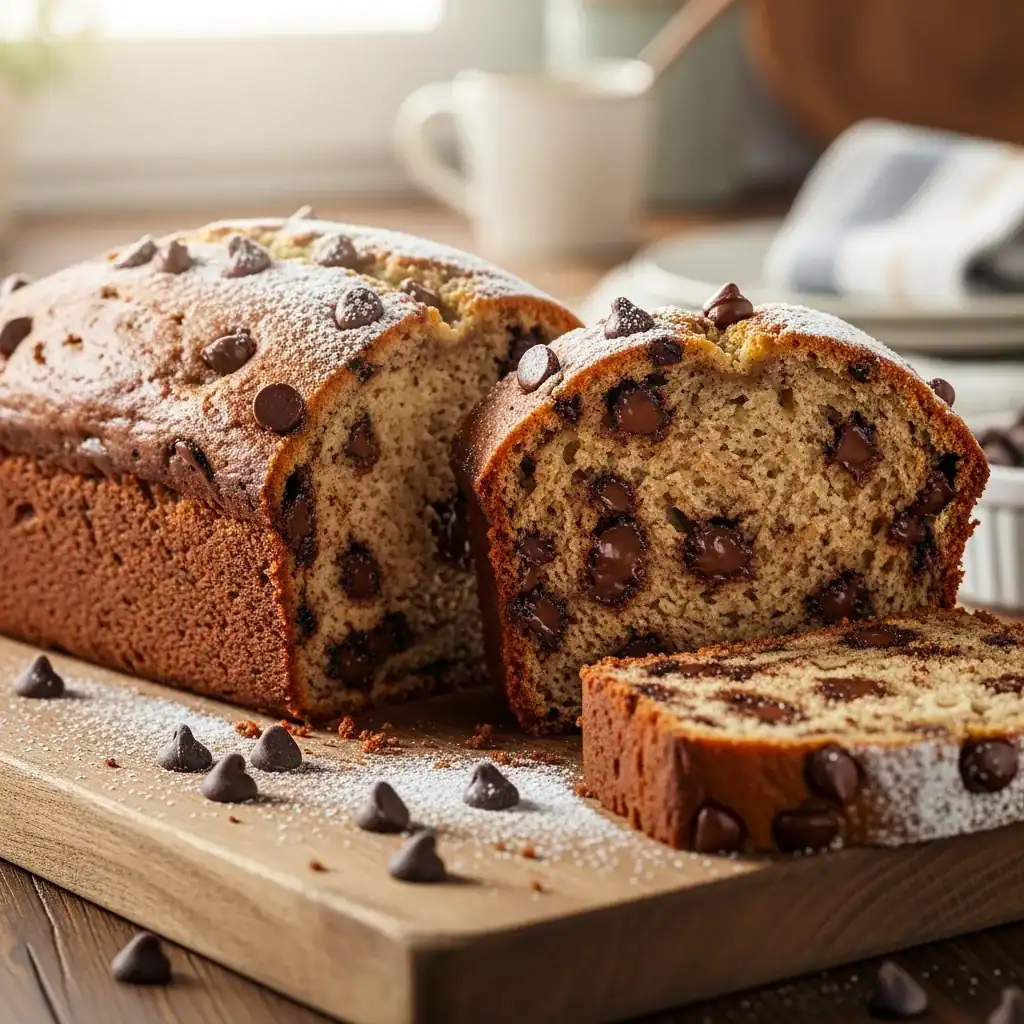 Freshly baked chocolate chip banana bread slice showing moist crumb and chocolate chips on a wooden board.