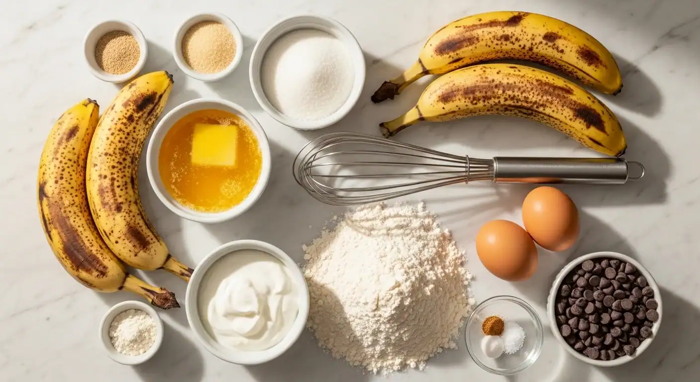 How to Make The Best Banana Bread Chocolate Chip Recipe: Super Moist 1 Fresh ingredients for banana bread chocolate chip recipe including ripe bananas, chocolate chips, Greek yogurt, and flour on a clean surface.