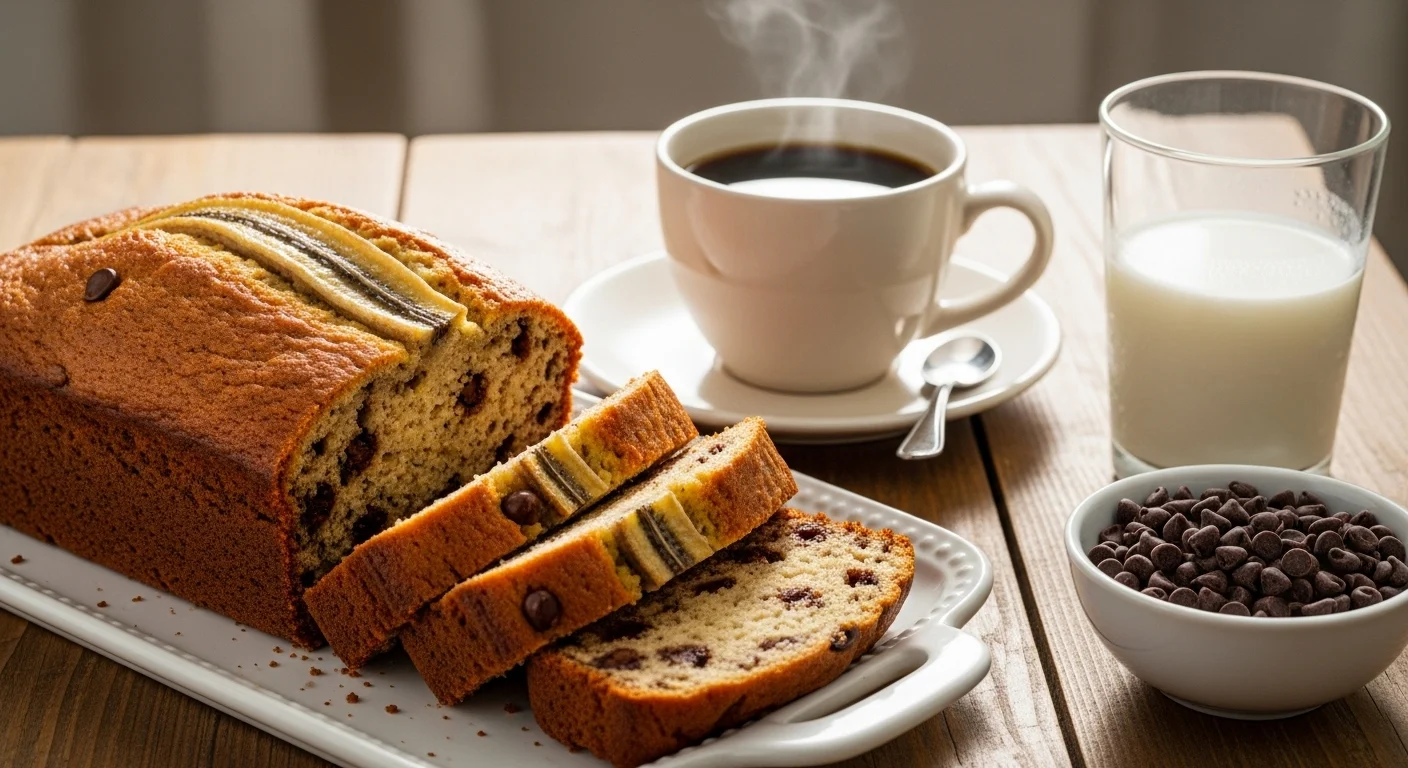 How to Make The Best Banana Bread Chocolate Chip Recipe: Super Moist 3 Golden chocolate chip banana bread loaf served with coffee, milk, and a bowl of chocolate chips.