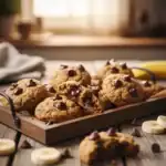a realistic photographic photo of A batch of freshly baked chocolate chips Banana Bread Cookies Recipe on a rustic wooden tray, with chocolate chips. Soft, warm lighting with a cozy kitchen backdrop.