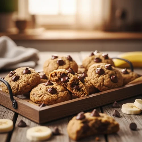 a realistic photographic photo of A batch of freshly baked chocolate chips Banana Bread Cookies Recipe on a rustic wooden tray, with chocolate chips. Soft, warm lighting with a cozy kitchen backdrop.
