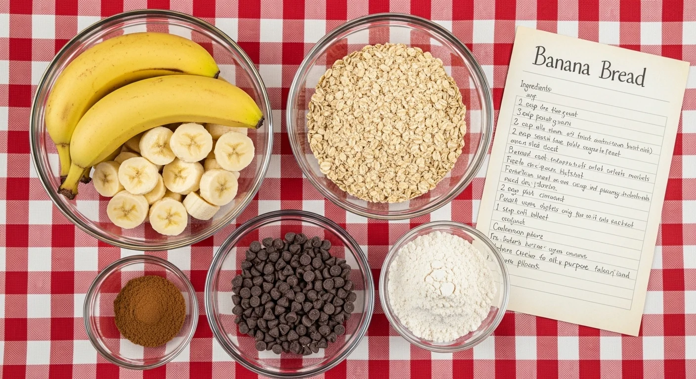 Banana Bread Cookies Recipe: How to Transform Old Bananas 1 A vibrant flat-lay of ripe bananas, oats, cinnamon, chocolate chips, and flour in glass bowls, arranged on a checkered cloth with a handwritten recipe card on the side.