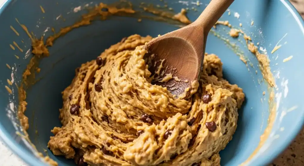 A close-up of a wooden spoon mixing thick, golden banana cookie dough in a ceramic bowl. Include splatters of batter on the bowl’s edge for a homemade feel