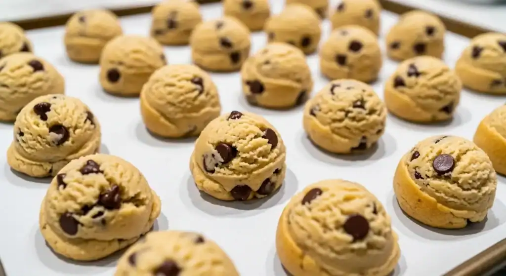 Uniform cookie dough scoops on a parchment-lined baking sheet, slightly golden edges visible. Bright, overhead lighting to highlight texture.