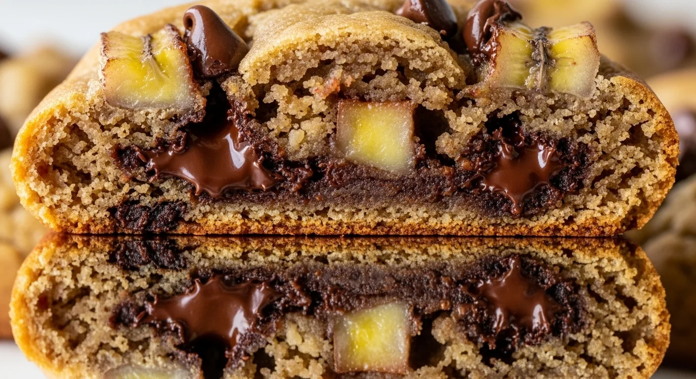 Banana Bread Cookies Recipe: How to Transform Old Bananas 4 A single banana bread cookie sliced in half, revealing a gooey center with chocolate chips and banana chunks. Use macro focus for crisp detail.